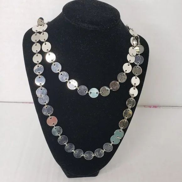 Silver Discs Long Chain Necklace - Picture 2 of 6